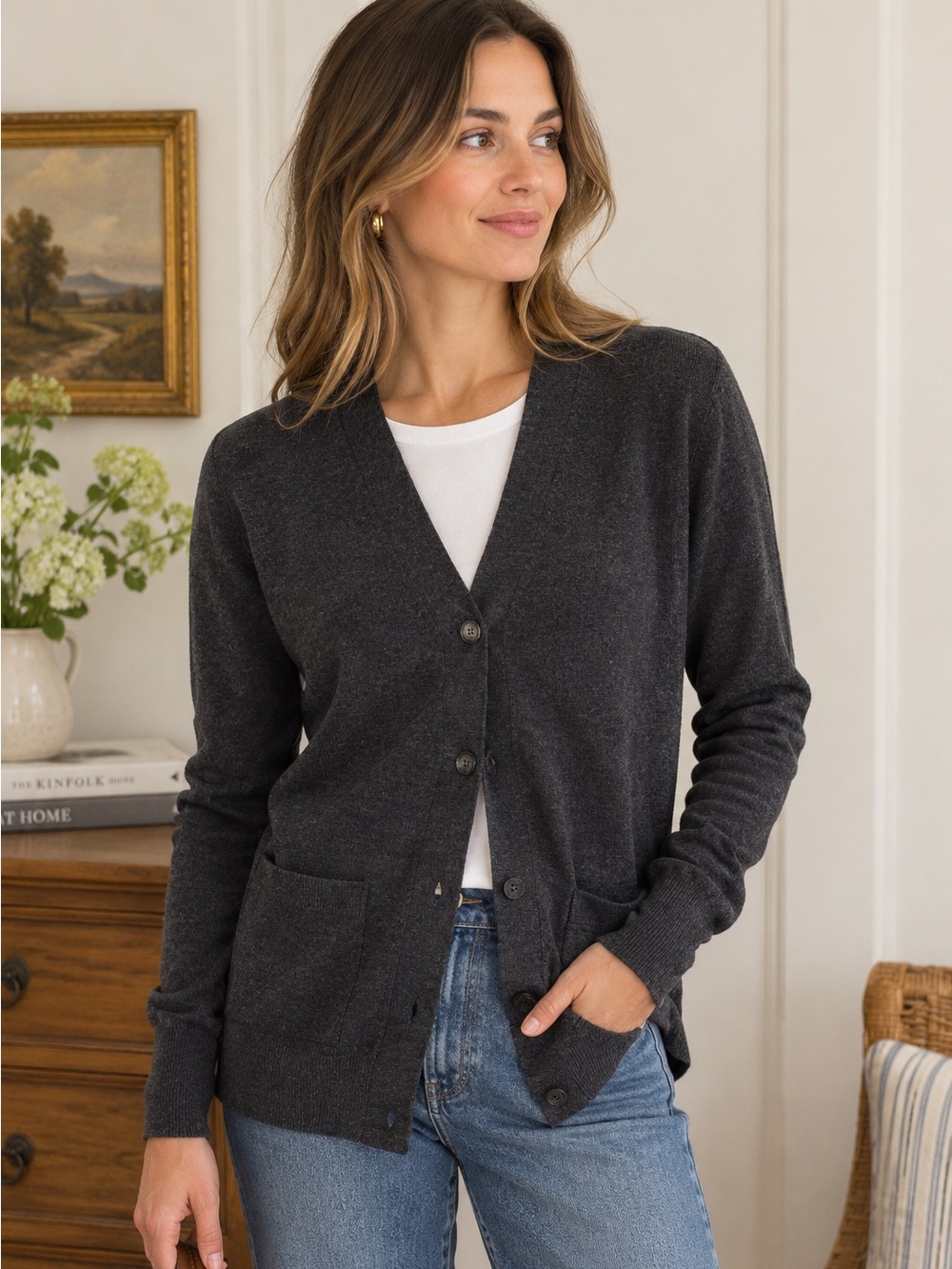 J. Crew Dark Charcoal Button-Front V-Neck Cardigan